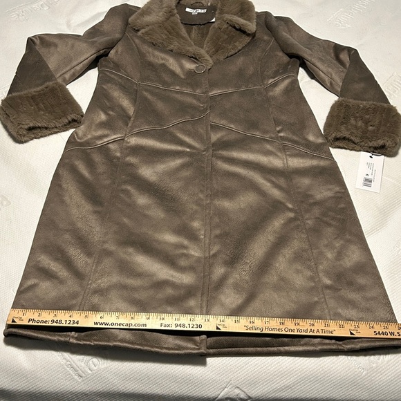 VIA SPIGA DARK TAUPE WOMEN NORTCH COLLAR COAT WITH FAUX FUR TRIM SIZE LARGE NWT - Picture 7 of 16